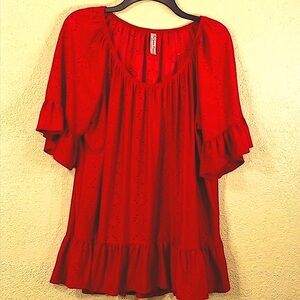 1X RED EYELET LACE BLOUSE RUFFLED OFF SHOULDER STRETCHY FABRIC 3/4 SLEEVES